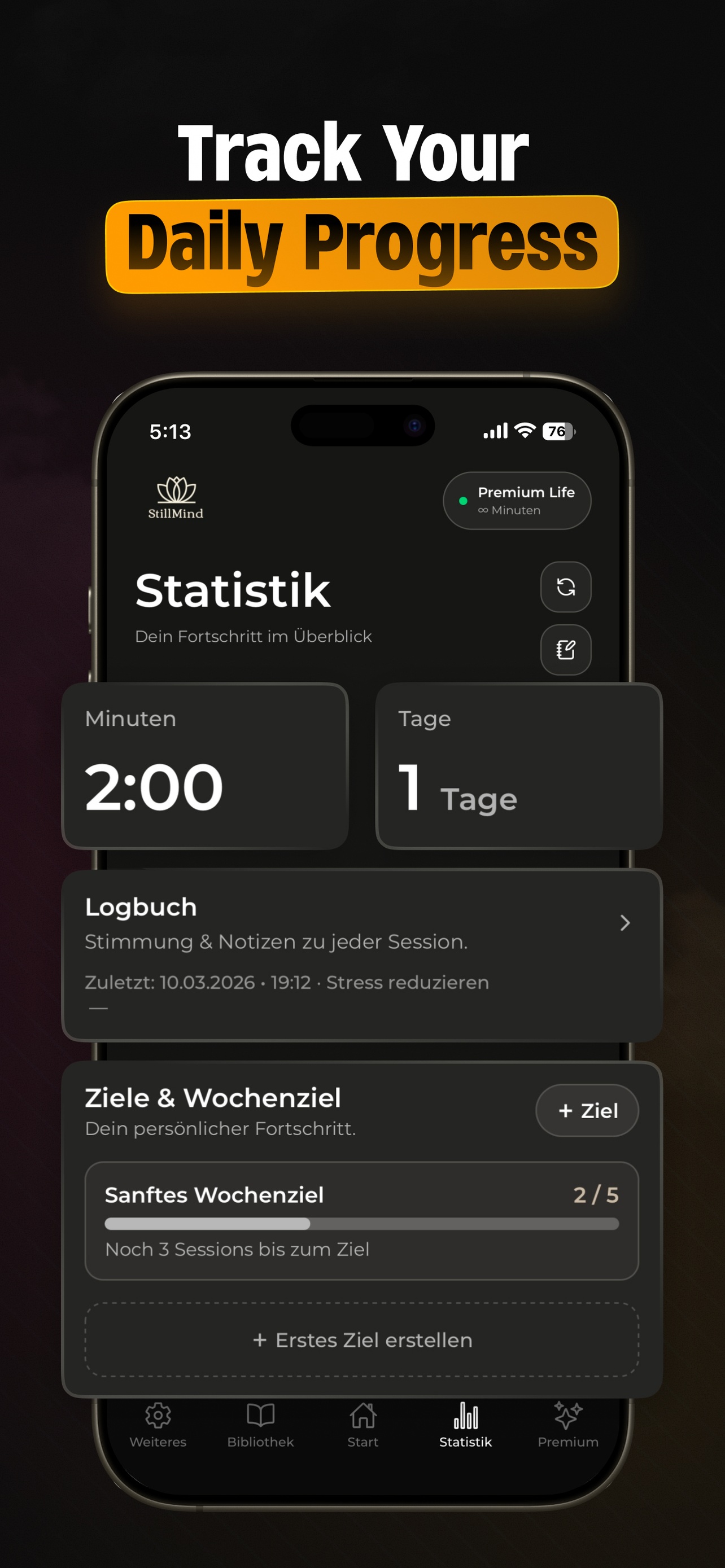 StillMind Statistics — Journal, goals, weekly target