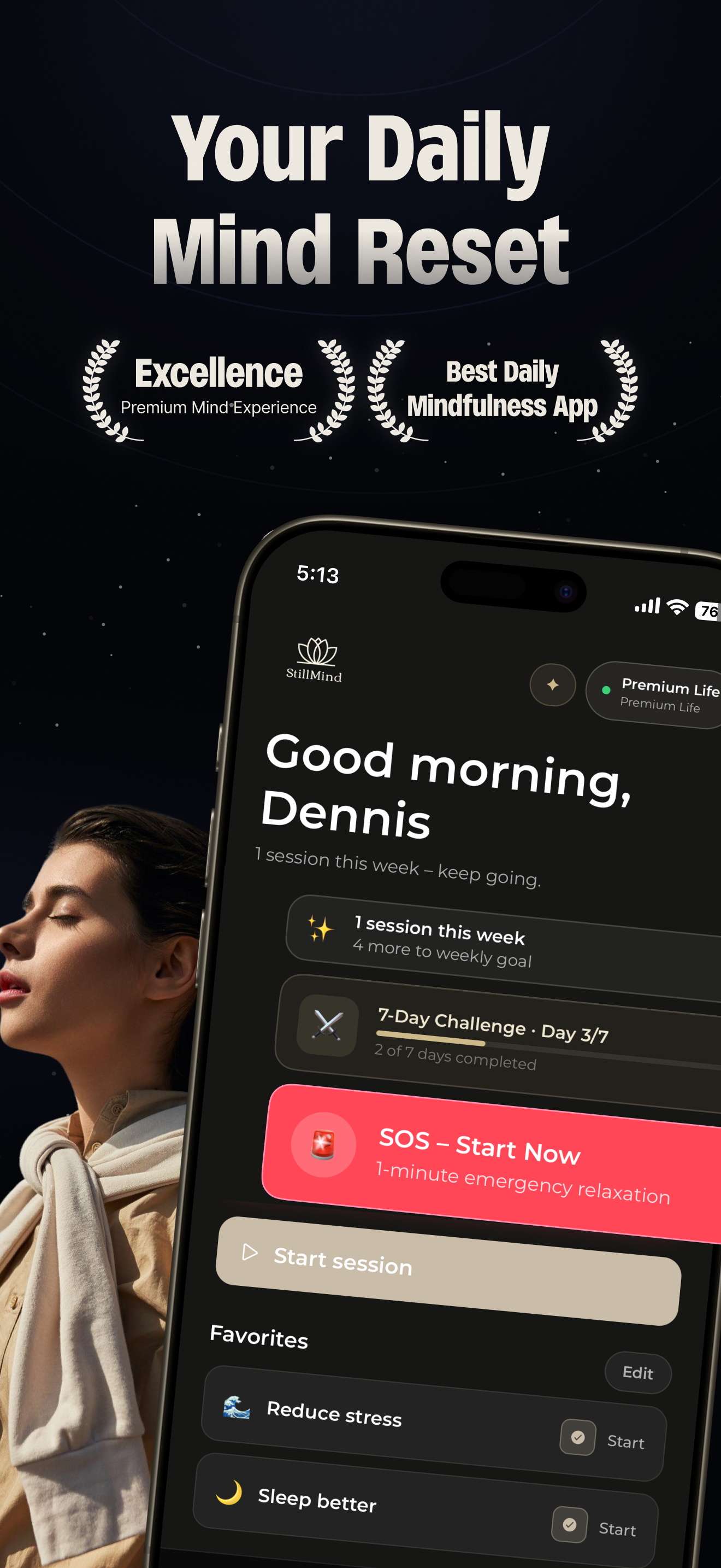 StillMind App Home Screen — stress relief in 60 seconds
